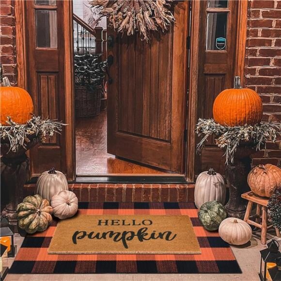 100% Coco Coir Welcome Mat 28x43 Inches Orange and Black Plaid Rug - Picture 1 of 7